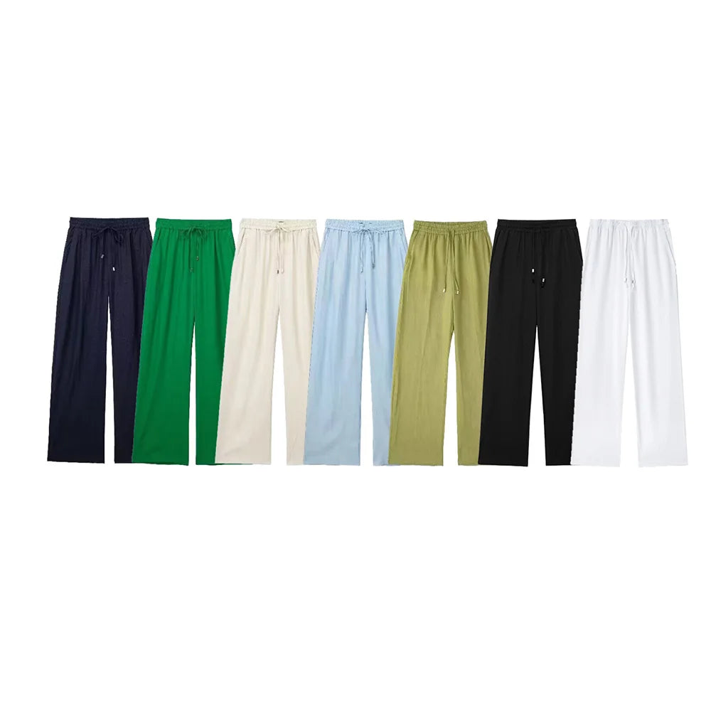 ZATRHMBM 2024 Women's High Waist Casual Straight Pants Vintage Drawstring Side Pocket Multicolor Fashion Trousers Female New