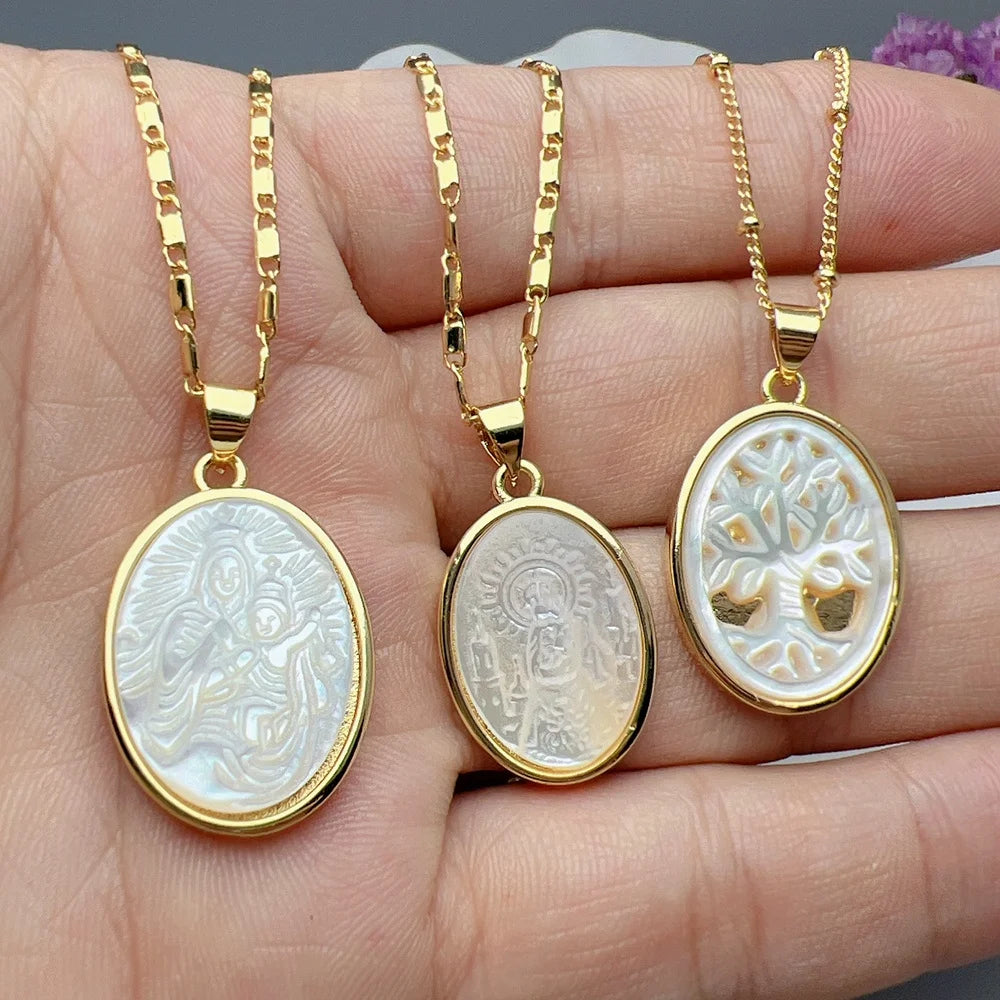 New Life Tree Virgin Mary Angel Necklace Women Natural Mother of Pearl Shell Oval Round Pendant for Girls' Classic Jewelry
