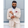 New Arrival Khaki Stripe Men Suits Top Lapel Tuxedos Belt Button Wear Two Pieces Prom Elegant Homme Groom Jackets and Pants