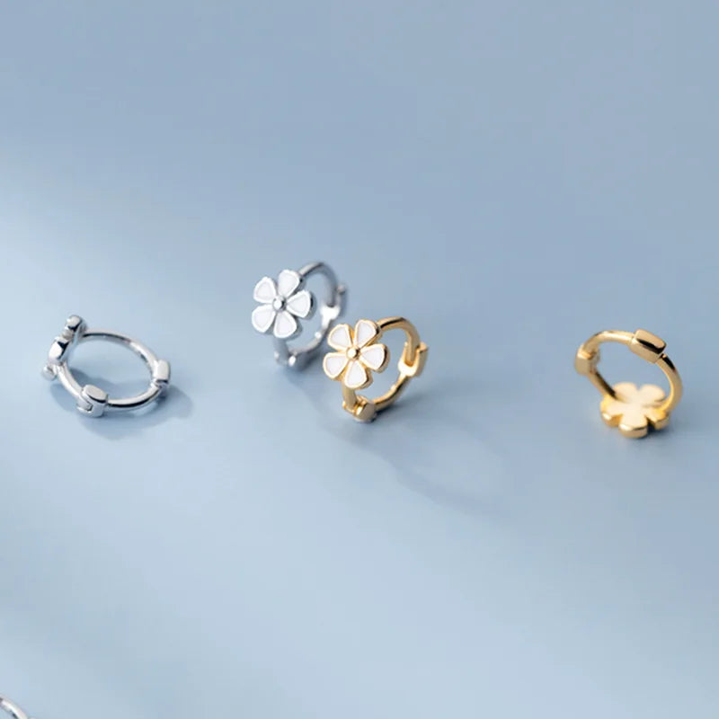 Cute Simple Fashion Pure 925 Sterling Silver Flower Shape Small Hoop Earrings for Women Girls
