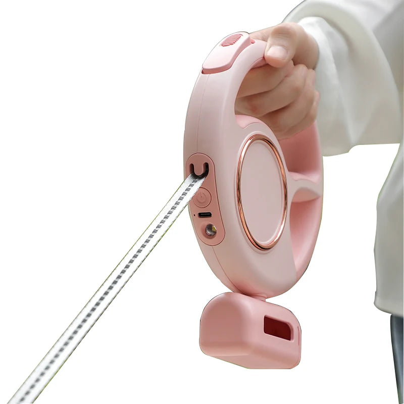 Multifunctional Rechargeable LED Pet Leash Nylon Tape One-Handed Brake Heavy Duty Retractable Dog Leash with Poop Bag Dispenser