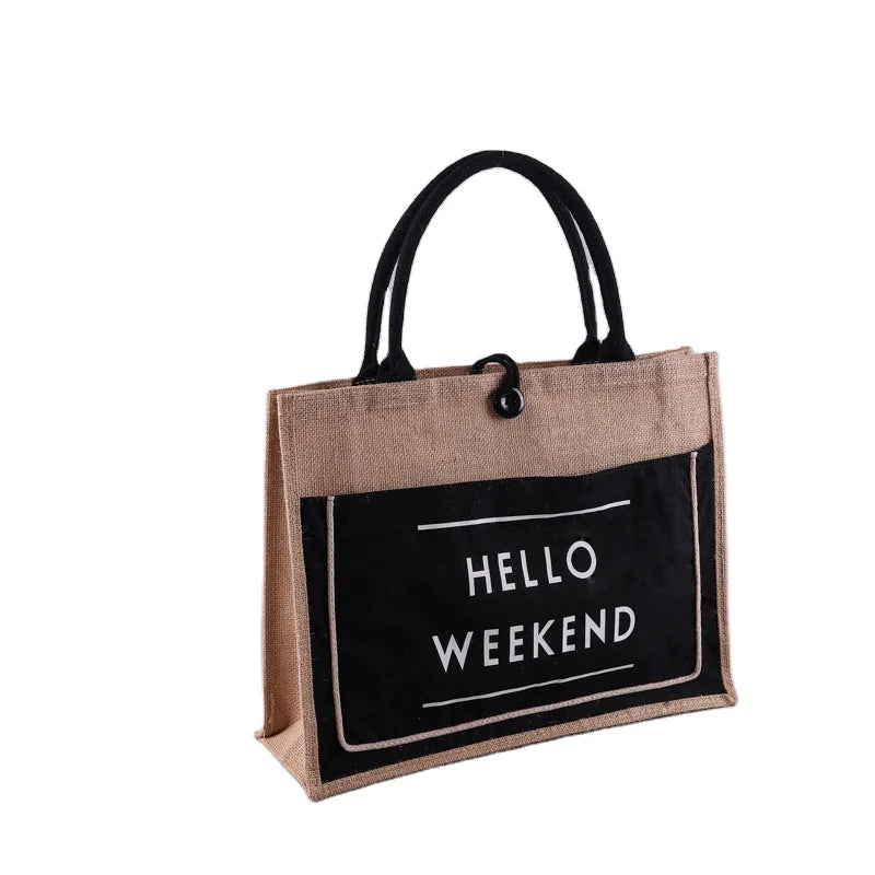 Custom Logo Eco-Friendly Natural Burlap Tote Jute Bag Hemp Beach Grocery Reusable Shopping Handbag Letter Stylish Handles