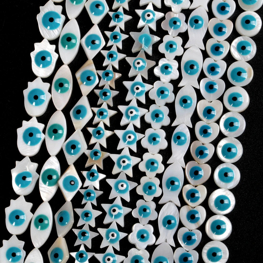 Natural White Shell Beads Mother of Pearl Evil Eye Eye Loose Round Heart Star Shape Beads for Jewelry Making Findings Diy Crafts