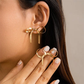 Fashion Simple Gold Plated Snake Long Tassel Bow Bowknot Stud Earrings for Women-Anniversary & Party Gift