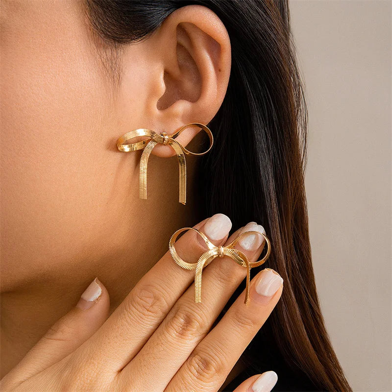 Fashion Simple Gold Plated Snake Long Tassel Bow Bowknot Stud Earrings for Women-Anniversary & Party Gift
