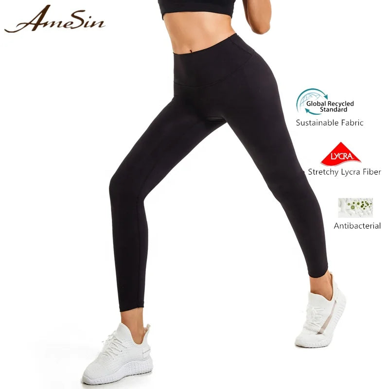 AmeSin GRS Recyclable Fabric Girls Leggings High Waist No Front T Wholesale Sports Yoga and Sports Leggings Recycled Clothes