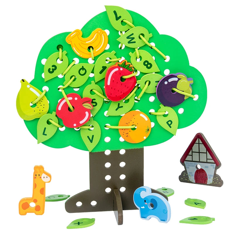 2025 Children Wooden Tree Shape Fruit Animal Digital Letter Blocks Construction Threading Toys