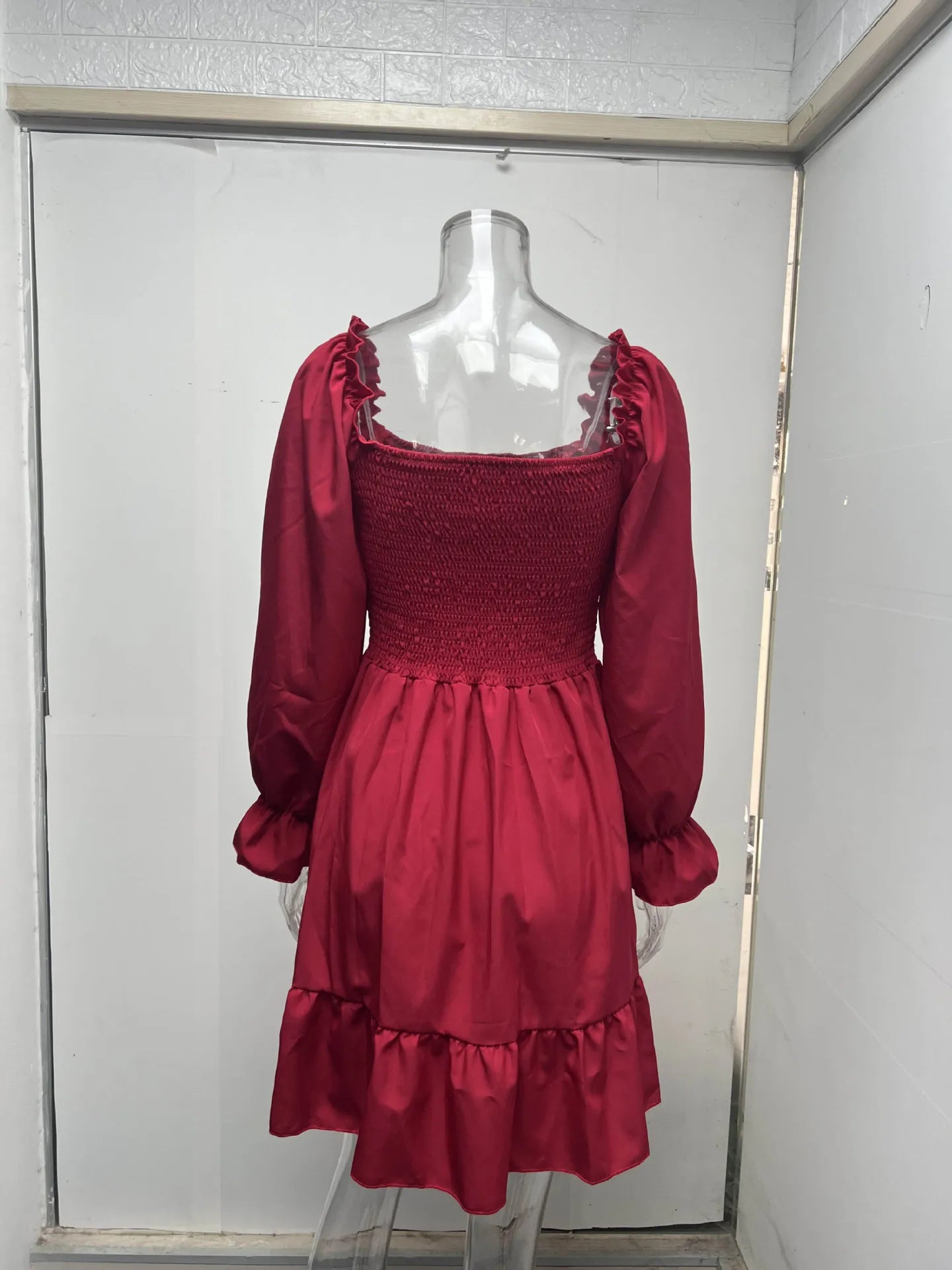 S-XXL Spring/Summer Occidental Square Neck Flare Long Sleeve Ruffled Flare Dress