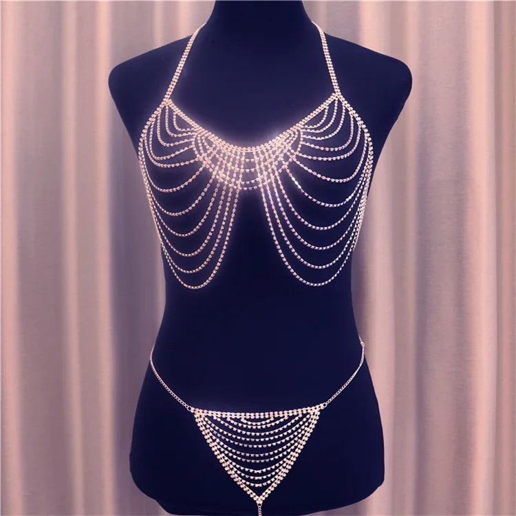 Accessories - Sexy Rhinestone Claw Body Chain Set with Lingerie Bra and Panties