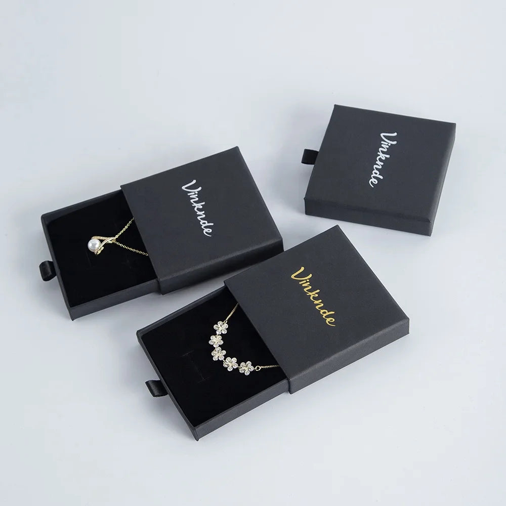 7x7x1.7cm Black Design Paper Jewelry Box Package Gold Silver Foil Stamp Logo Custom for Jewelry Necklace Earrings Ring