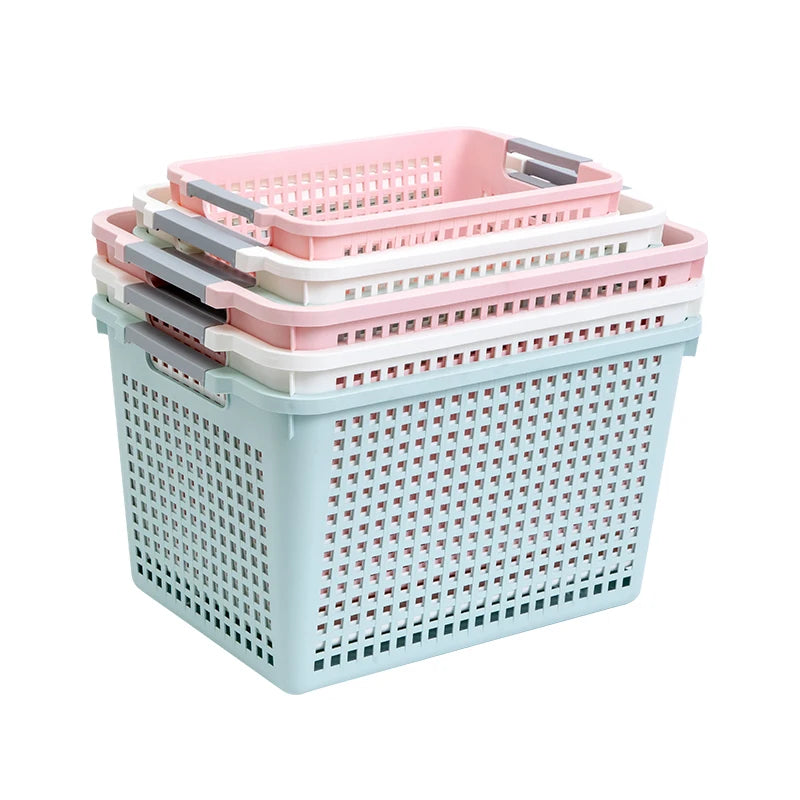 Stackable Drain Basket Hollow Design Plastic Kitchen Storage Basket With Handle White Pink Blue Color