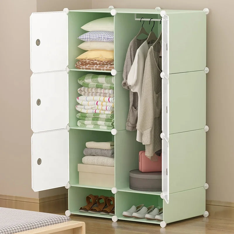 Modern 6-Cube Plastic Wardrobe with Extendable Shoe Rack Light Green and White Door-for Workshop and Living Room