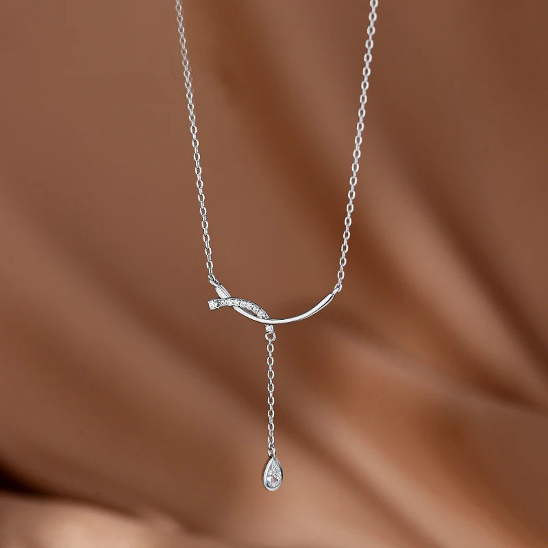 Fine Jewelry Women 925 Sterling Silver Water Drop Shape CZ Diamond Pendant Necklace