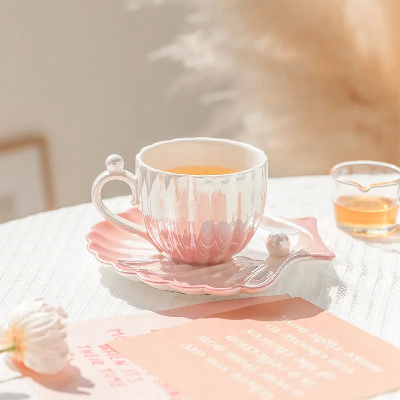 Pearl Shell Coffee Cup European Creative Gradient Coffee Cup and Saucer Plate Ceramic Mug Gift Afternoon Tea Set Drinking Mugs