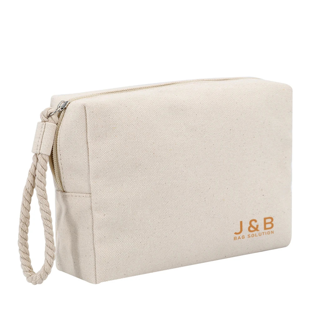 Natural Cotton Canvas Rectangle Toiletry Cosmetic Bag with Cotton Cord Wrist Strip Personalized Logo Cotton Makeup Zipper Bag