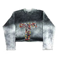 YSJY Custom Dtg Screen Print Rhinestone Drop Shoulder Sun Faded Stone Wash Long Sleeve Vintage Gray Oversized Crew Neck T-shirt