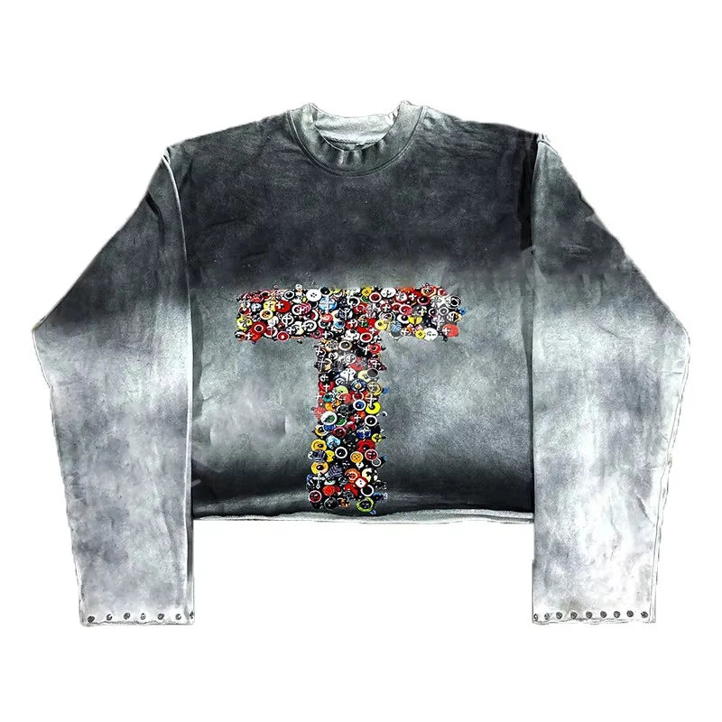 YSJY Custom Dtg Screen Print Rhinestone Drop Shoulder Sun Faded Stone Wash Long Sleeve Vintage Gray Oversized Crew Neck T-shirt
