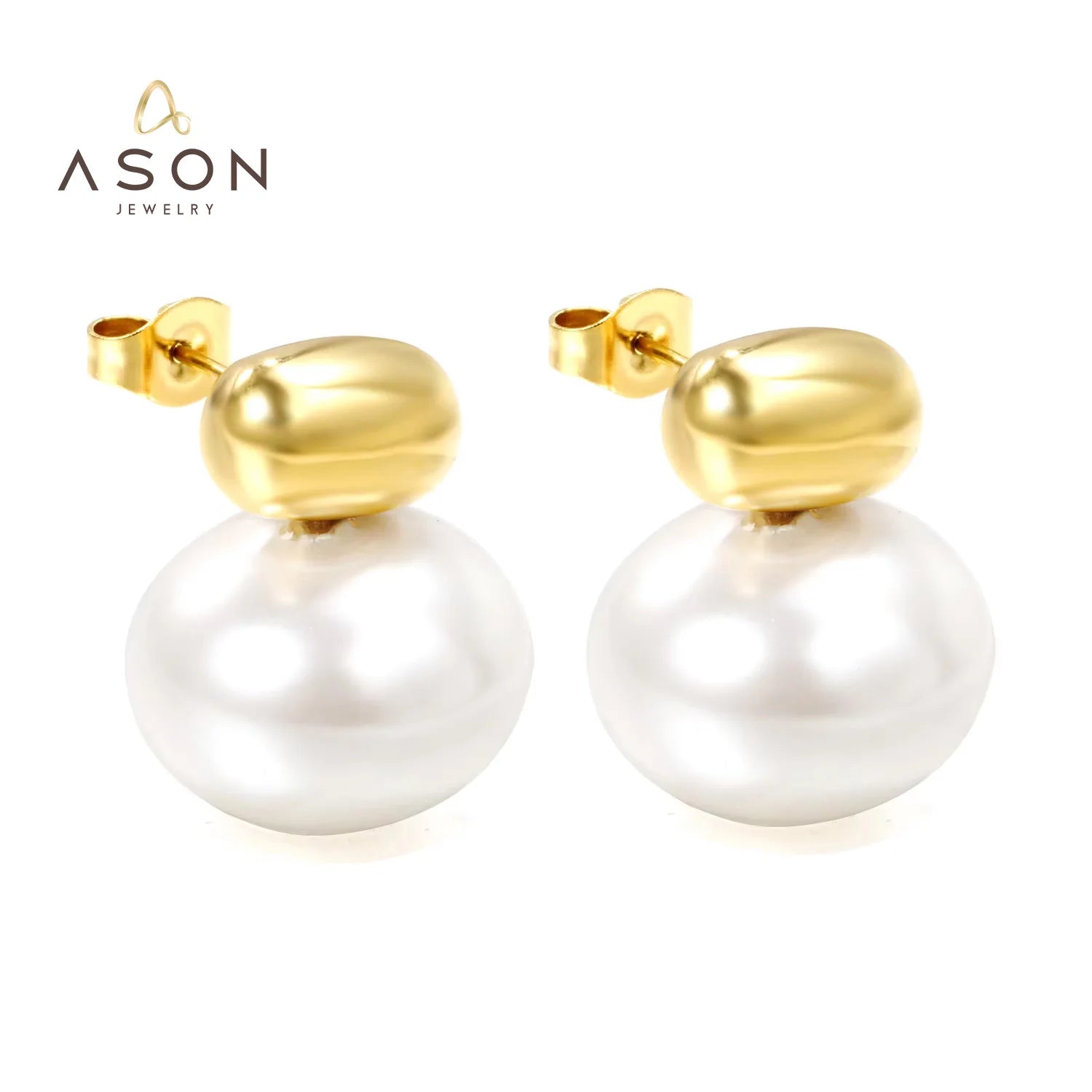 Ason Simple Oval 18K Gold Plated Jewelry Double Brushed Texture Oval Ball Stud Earrings Stainless Steel Cute Pearl Stub Earring