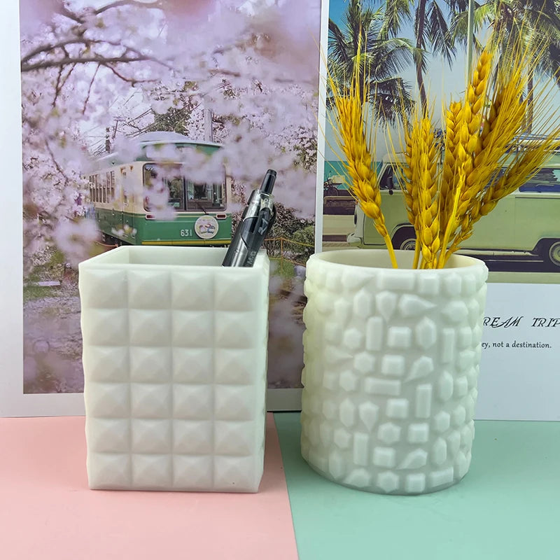 Early Riser 3D Diamond Pattern Cylinder Cuboid Concrete Cement Vase Pen Holders Flower Pots & Planters Home Decor Silicone Mold