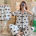 Pajamas Women Three Piece Set Summer Thin Short Sleeve V-neck Shirt + Loose Pants Lady Cartoon Print Casual Sleepwear Suit