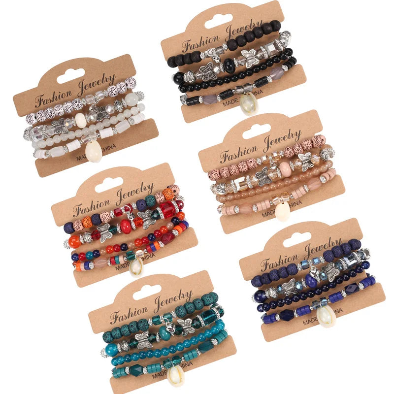 DAIHE 2024 Bohemian Multilayer Beaded Bracelets Elastic Cord Butterfly Shell Bracelet