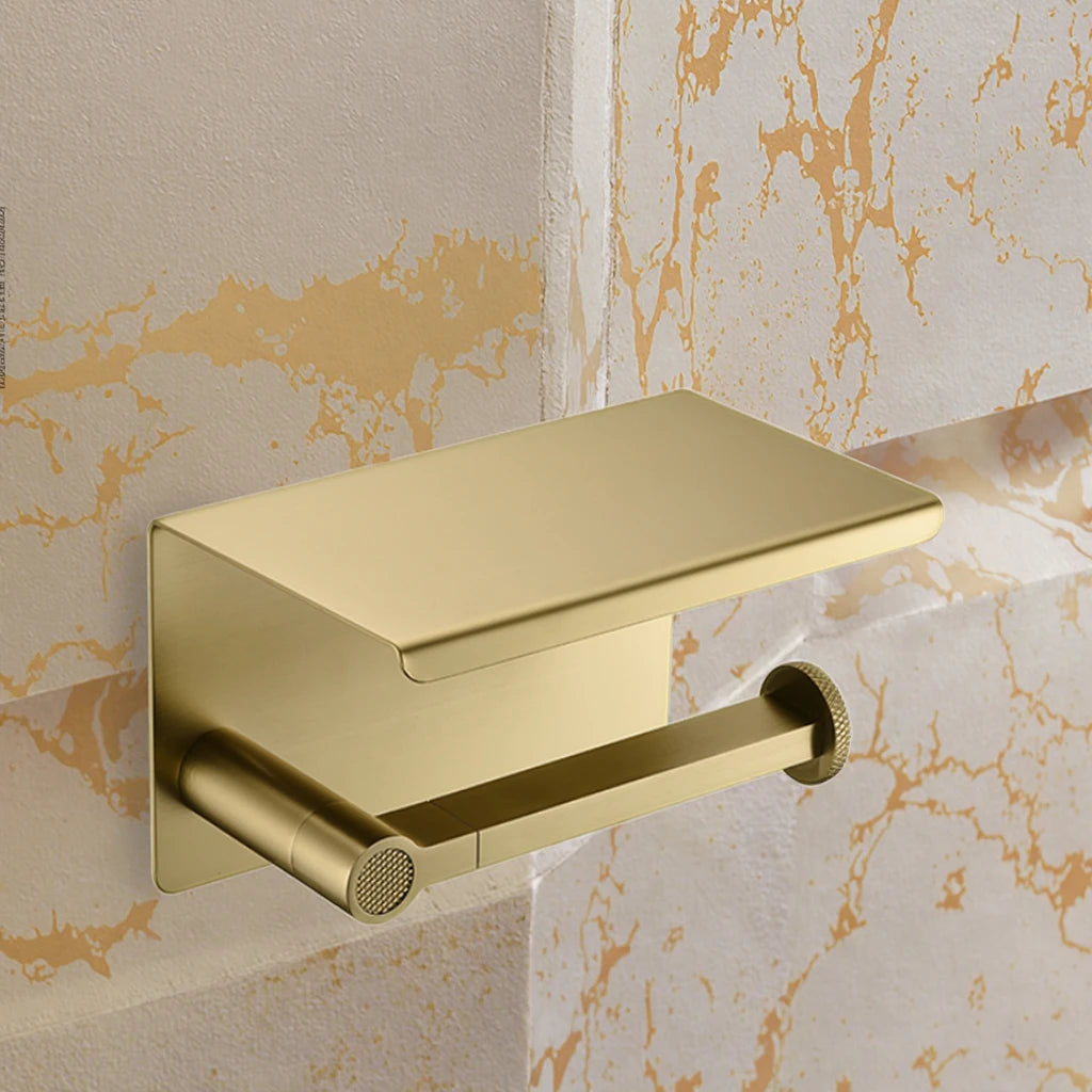 Quality Golden Brass Bathroom Shelf Set Modern Design Paper Towel Holder Shower Caddy Toilet Brush Quality Metal Bath Hardware