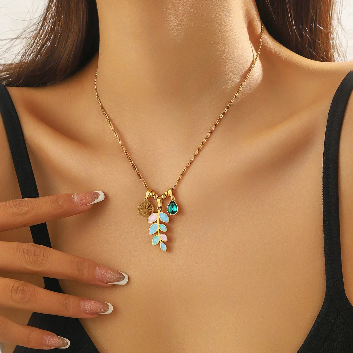 Fashion Stainless Steel Gold-plated Colorful Oil Drop Leaf Pendant Tree of Life Water Drop Accessory Chain Necklace for Women