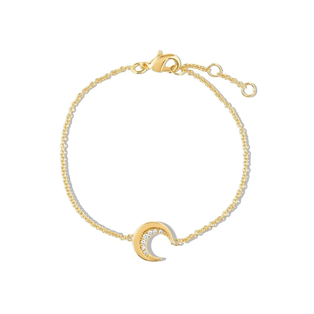 Gold Pave CZ Crescent Moon Cubic Zirconia 925 Sterling Silver Bracelet for Women