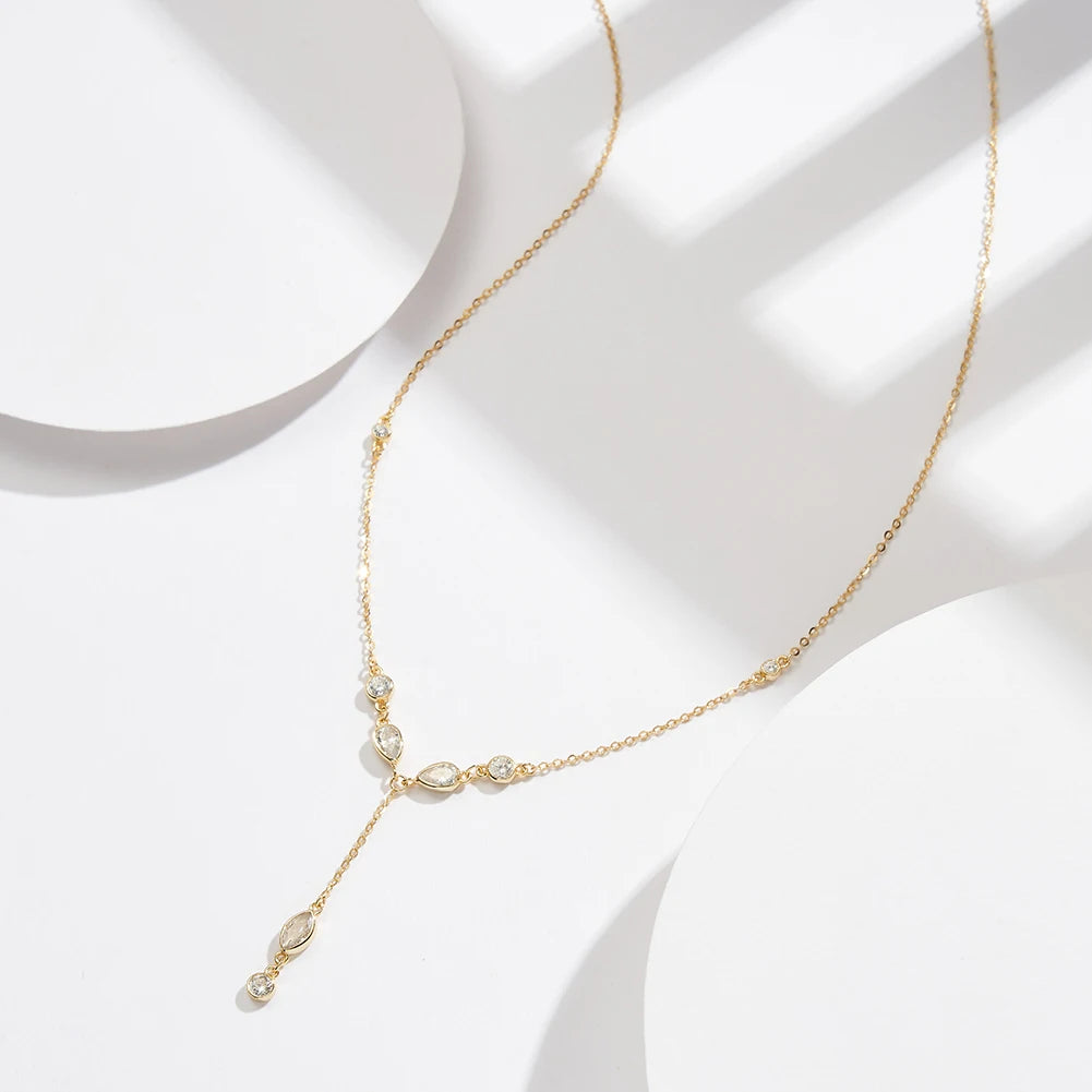 RINNTIN BQN18 Latest Fashion Jewelry 925 Silver 14K Gold Plated Lariat Long Chain Zircon Women Lariat Necklace Y-shaped Necklace