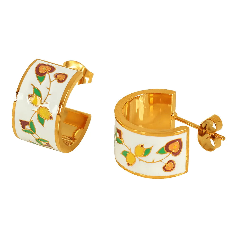 Women Daily Jewelry Gift New Arrival Trendy Elegant PVD 18K Gold Stainless Steel Bezel Setting Stud Enamel Flower Earrings