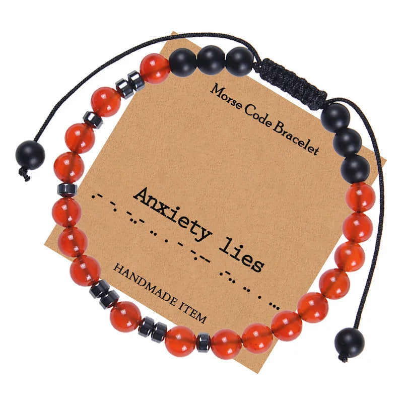 Handmade Custom Morse Code Beaded Bracelet Chicing for Lovers Friendships Natural Red Agate Black Matte Stones Women Jewelry