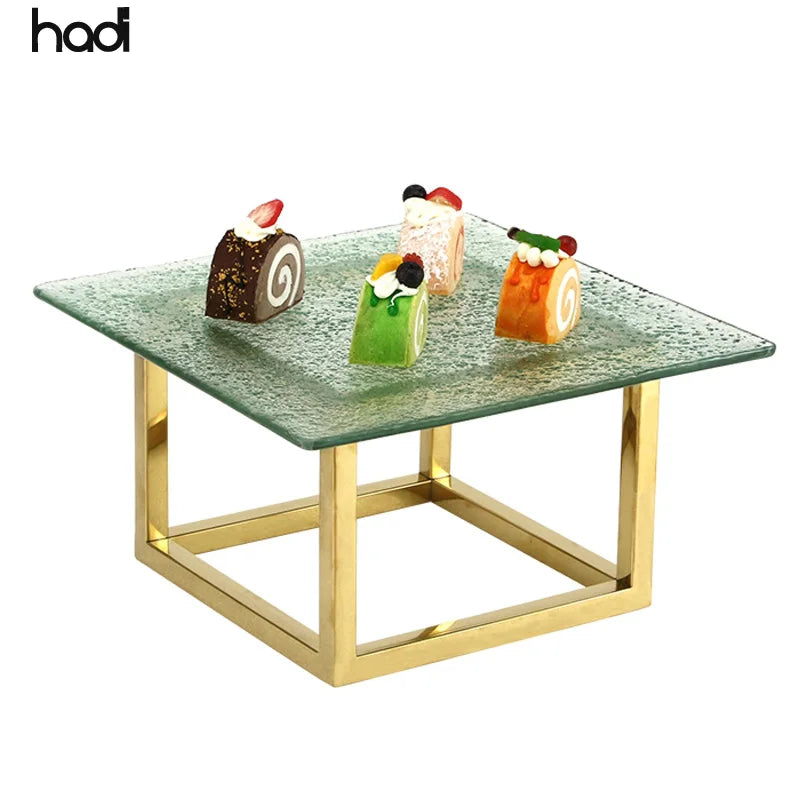 HADI Luxury Gold Square Buffet Tableware 18/10 Stainless Steel Glass Food Display Stand for Weddings Banquets Hotels