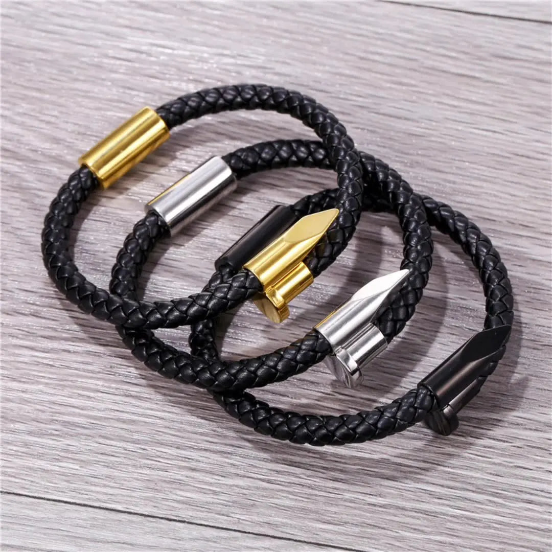Luxury Men and Women's Gold Black Punk Leather Bracelet with Nail Head Handmade Cowhide Beaded Bracelets