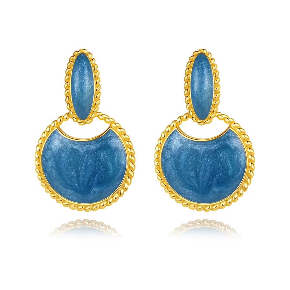 Luxury Round Shaped Blue Enamel 925 Sterling Silver Jewelry 18k Gold Plated Stud Earrings for Women