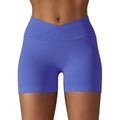 Blue Purple Women's Seamless Knitted Breathable Solid Color Cross Waist Lifting Butt Yoga Shorts Running Fitness Shorts Pants