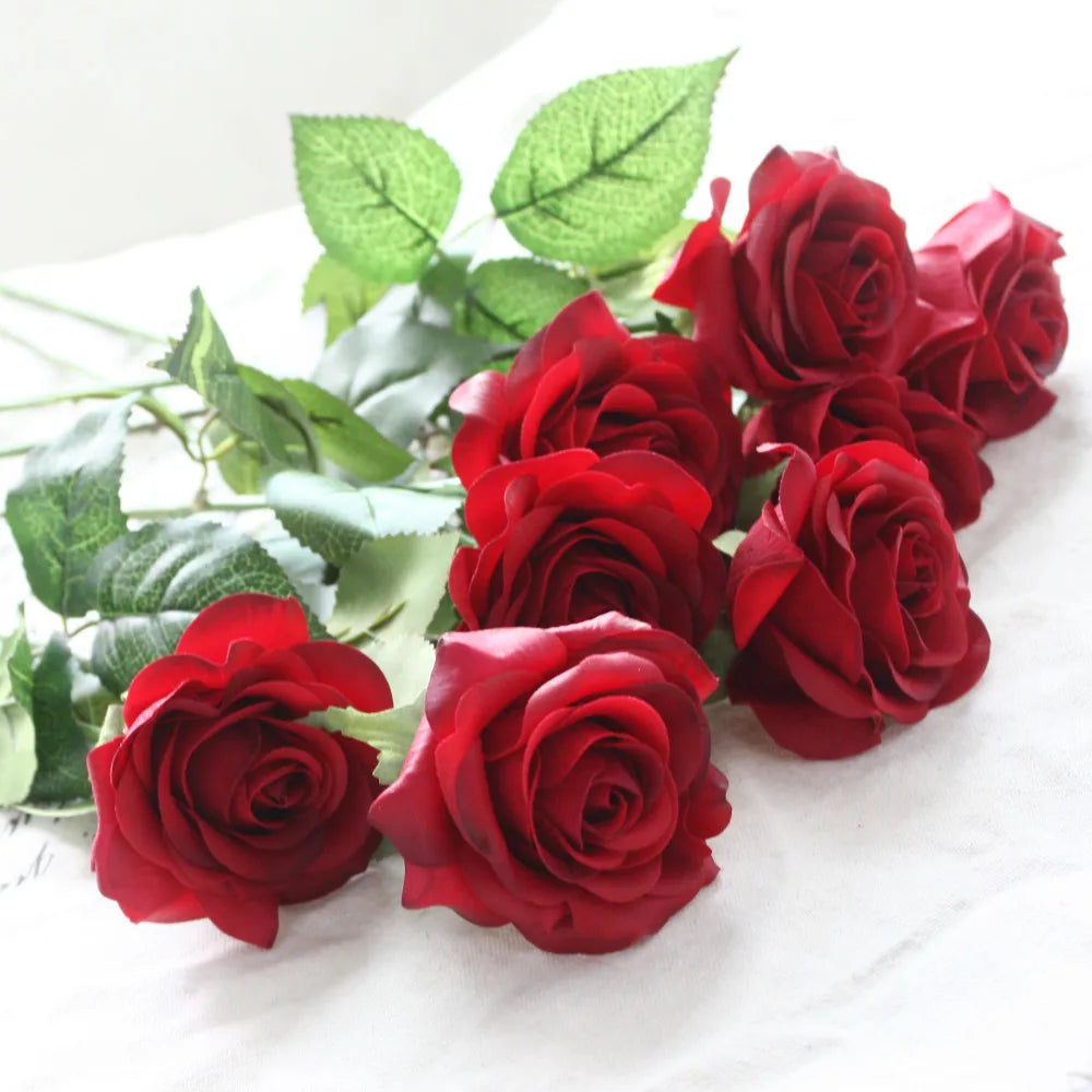 O-X413 Wholesale Single Stem White Pink Red Artificial Real Touch Moisturize Roses for Wedding Decoration