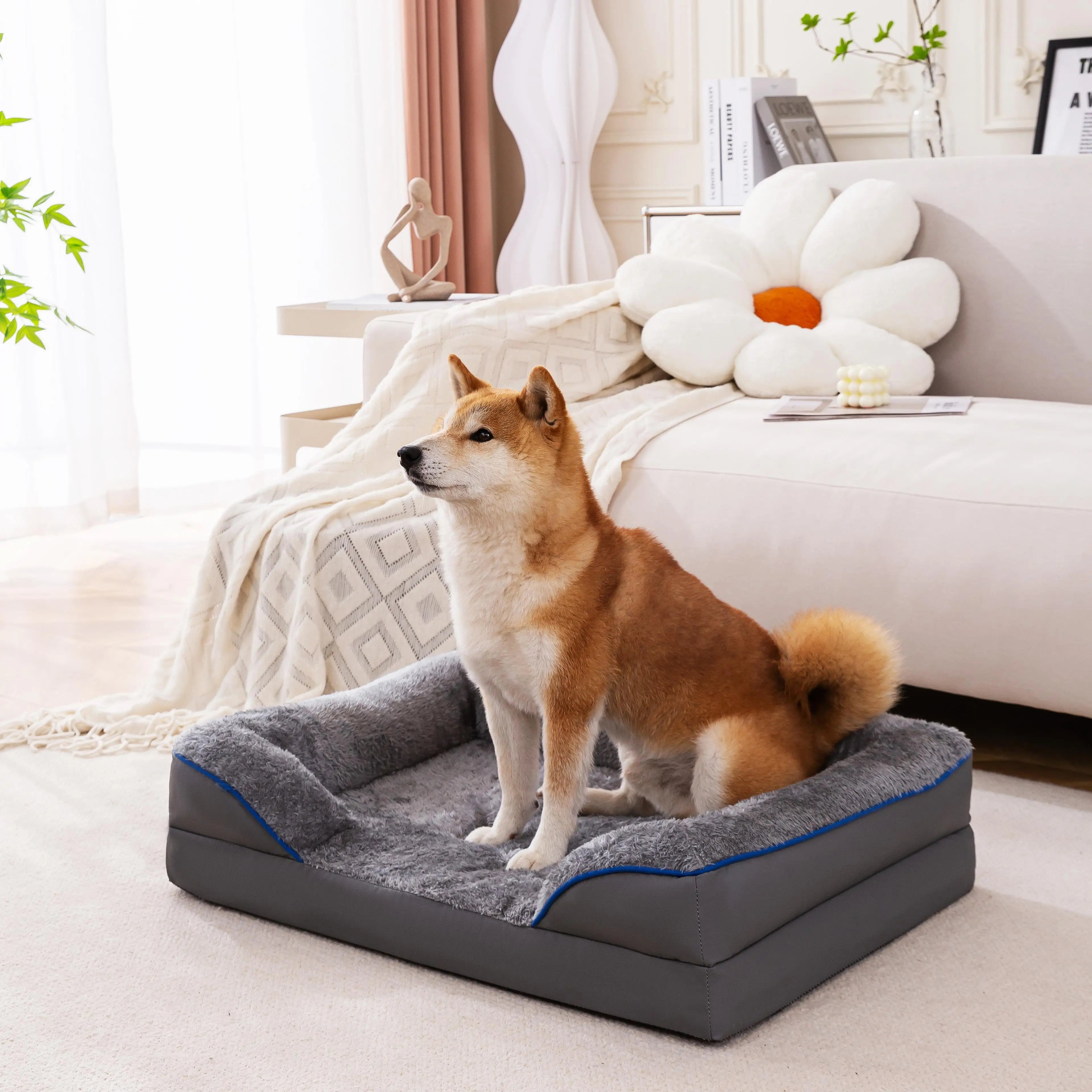 Luxury Orthopedic Dog Bed Warm Square Design Solid Wood Animal Striped Washable Removable Memory Foam for Cats Outdoor Pet Space