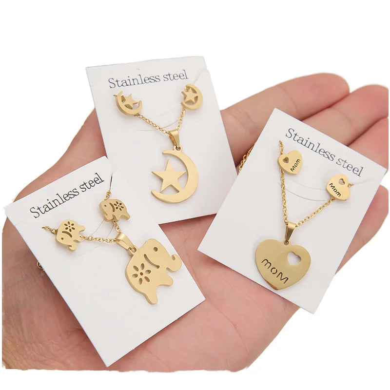 Fashion 18K Gold Plated Stud Earrings Stainless Steel Necklace Set Jewelry Sets for Women