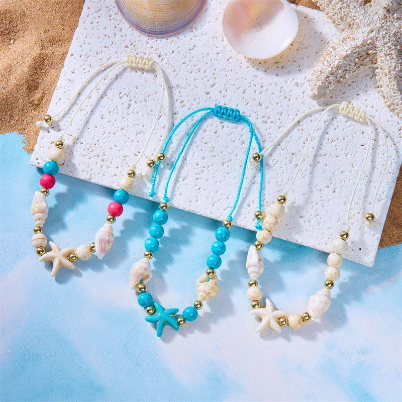 Wholesale Cheap Trendy Bohemian Sea Star Shell Zinc Alloy Conch Rice Bead Daisy Gift Jewelry Summer Beach Vacation Bracelet
