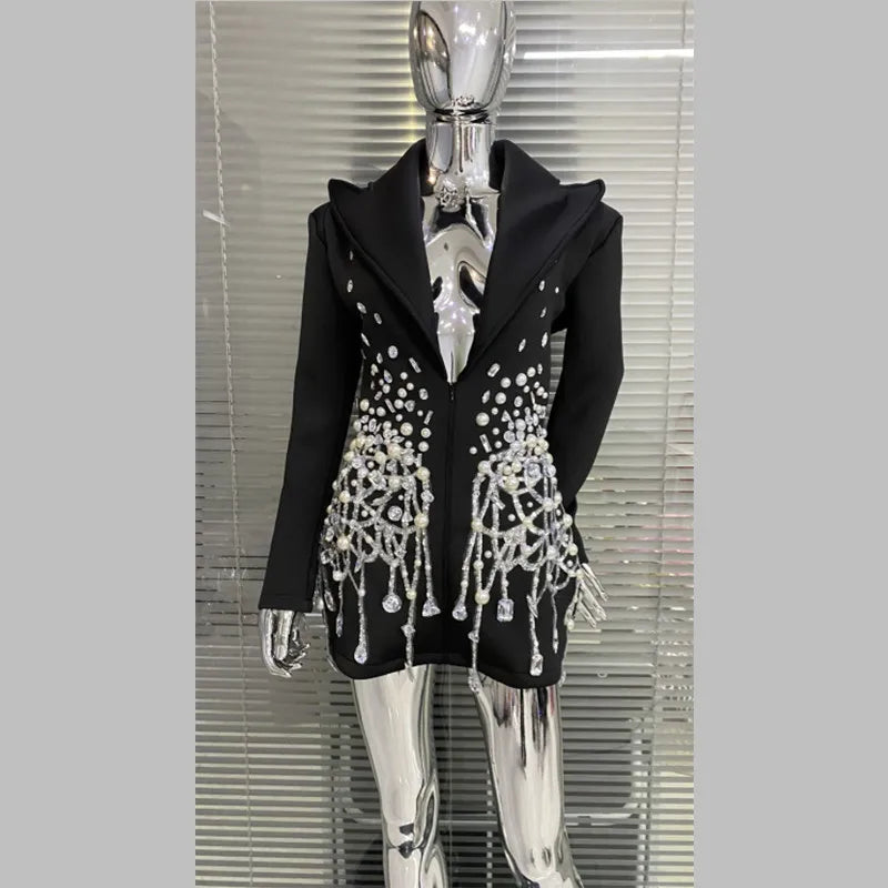 Clothing Manufacturers Custom Deep V Neck Women Jacket Coat Bling Rhinestone Pearl Blazer Concert Performance Costume