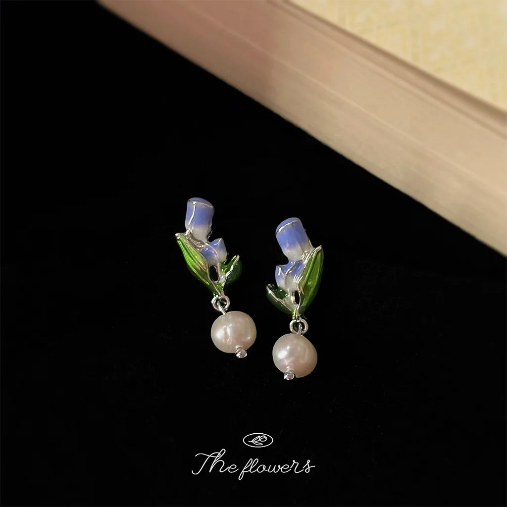 Handmade  Charm Earrings Freshwater Pearl Drop Glazed Purple Tulip Trendy Flower Shape Needle Earrings