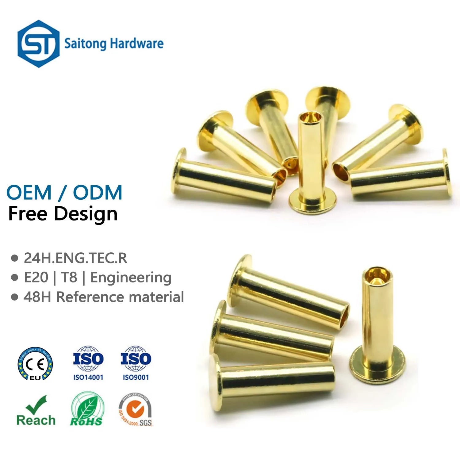 Saitong Hardware Flat Head Semi Hollow Brass Rivets ISO9001 for Luggage Belt Application