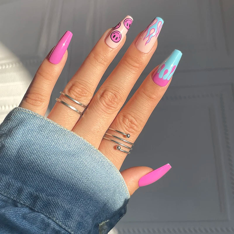 Y-160 French Type Pink smiley Face Blue Flame 2024 New Design OEM Artificial Press on Nails