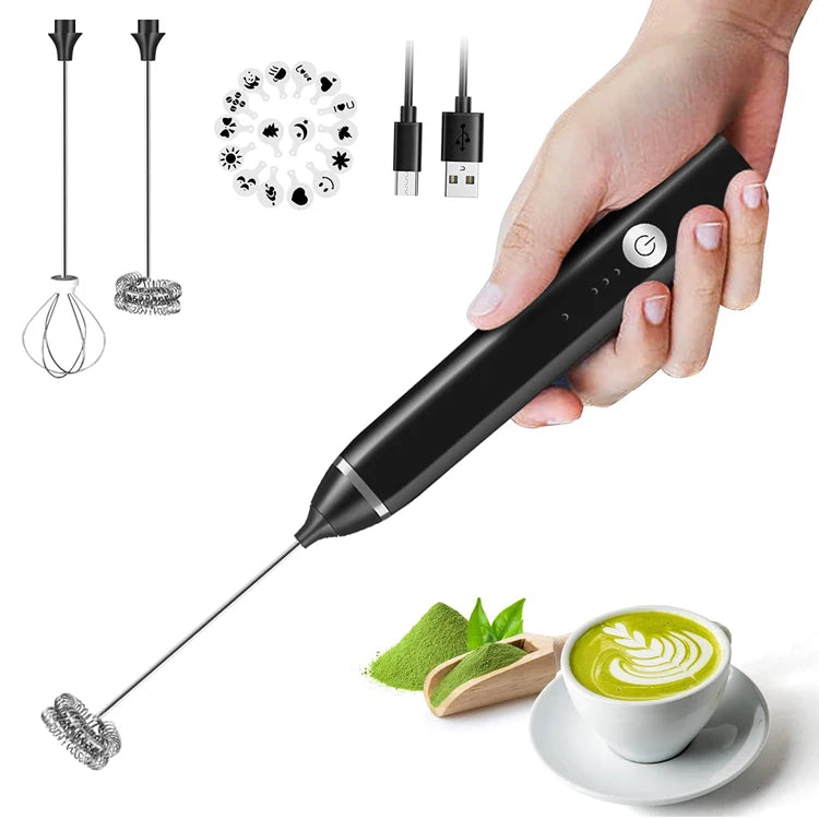 Rechargeable Handheld Electric Whisk Coffee Frother Mixer with 3 Stainless Whisks 3-Speed Adjustable Foam Maker