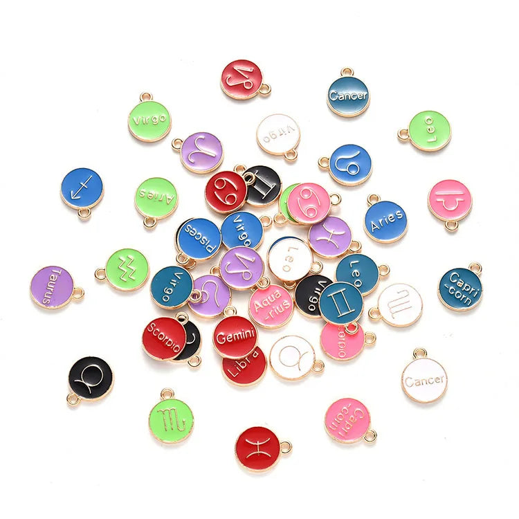 JF3804 Gold Plated Rainbow Enamel Multi Colored  Horoscope Disc Charmzodiac Astrology Disc Charm Pendant for Birthday Gift