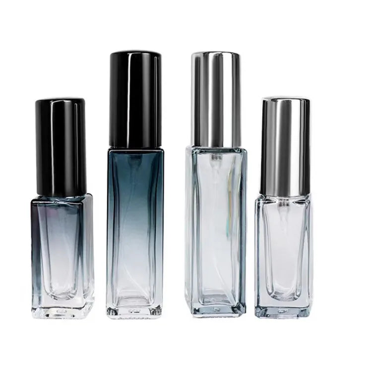 Square Glass Bottles for Perfume & Essential Oils 5ml/10ml/15ml with Shiny Gold/Silver Cap & Pump Sprayer Screen Printed