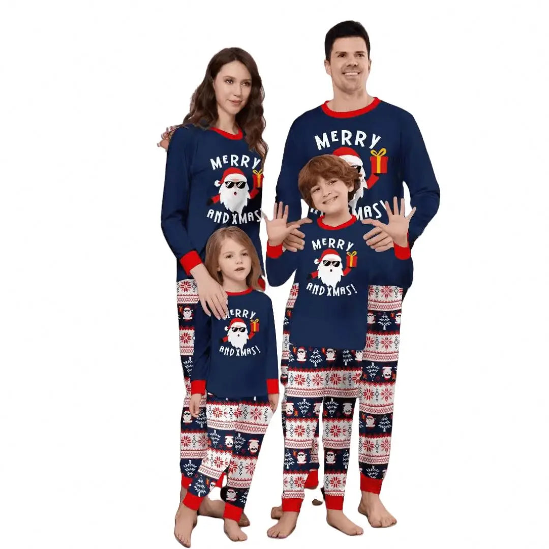 Santa Sunglasses Gift Letter Printed Parent-Child Set Haze Blue Long Sleeve Homewear Pajamas
