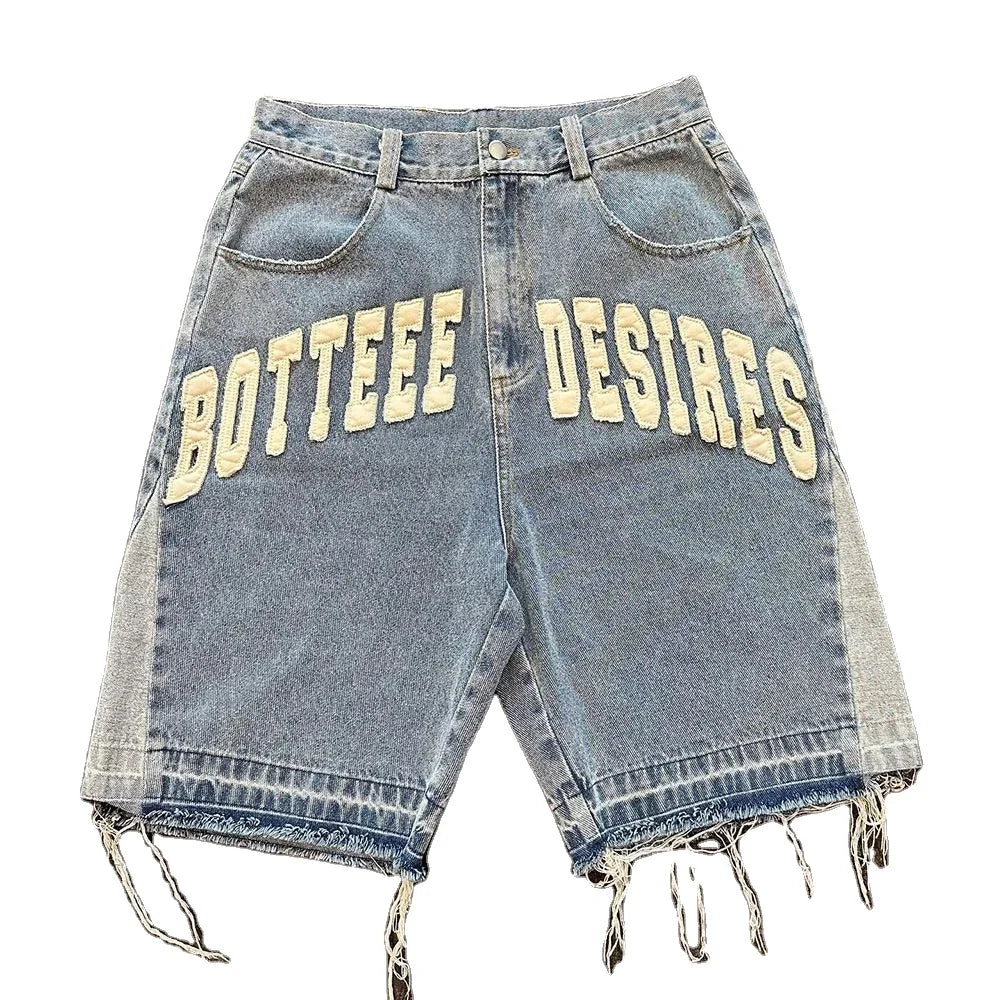 MS003 Men's Custom Embroidered Logo Loose Distressed Streetwear Jean Shorts Mid Waist Raw Hem Denim Casual Summer Washed Woven
