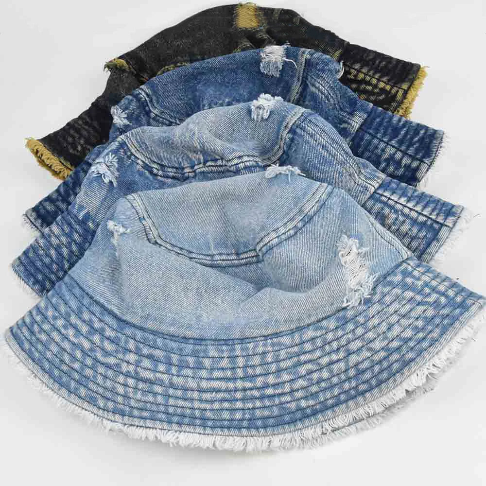 Vintage Trendy Unisex Adult Beach Cotton Fisherman Cap Floppy Frayed Distressed Jean Washed Bucket Hat