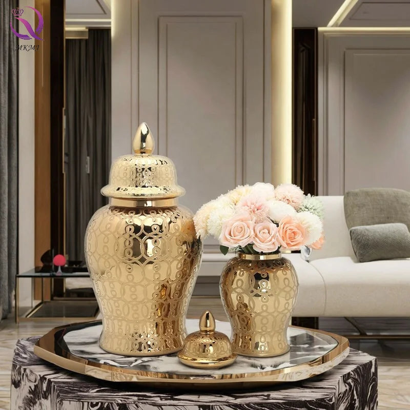 Luxury European Electroplated Ceramic Decoration Tall General Jar Ceramic Porcelain  Artifact Flower Vase Decoration